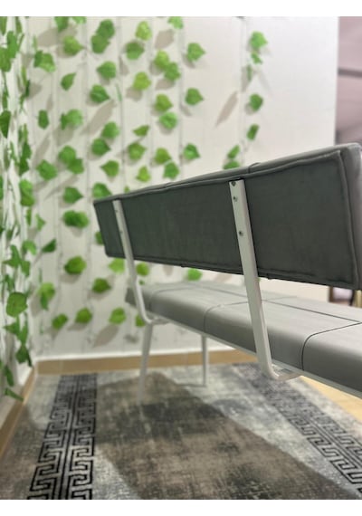 Özcan Metal Beyaz Metal Ayaklı Sırtlı Gri Mutfak Salon Antre Yatak Odası Puf Bank Oturak Bench Gri