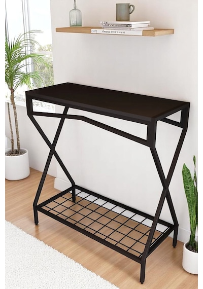 Metal Dresuar Siyah Ahşap Raflı Stand Çok Amaçlı Salon & Hol Rafı Siyah