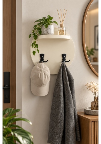 Sulorahome Krem Bej Yuvarlak Duvar Askılığı Ve Mini Raf Açık Bej