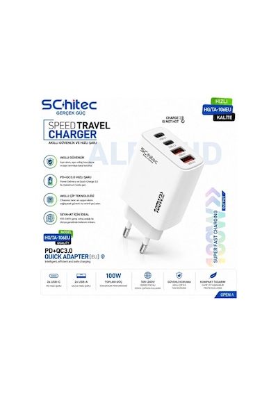 Schitec 100w 4 Çıkışlu Hızlı Şarj Başlığı Ve 100w Type-c To Type-c Süper Hızlı Şarj Kablosu 1.2