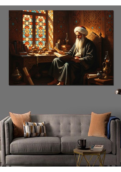 Ahşap Tablo Kitap Okuyan Bilge İslam Alimi