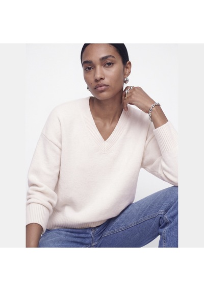 Jack & Jones Kadin Wide Fit V Yaka Triko Kazak - Elsa - 12301418 Cloud Dancer