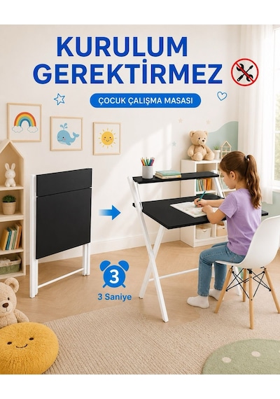 Dobo Çocuk Öğrenci Ders Masası Katlanır Çalışma Masası Beyaz - Siyah