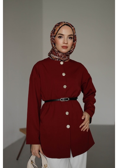 Moonsc Kadın Önü Düğme Detaylı Ve Kemerli Tesettür Ceket Bordo