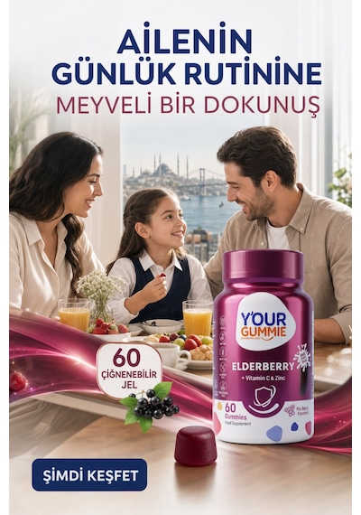 Y'our Gummie Elderberry Kara Mürver C Vitamini ve Çinko 60 Çiğnenebilir Jel
