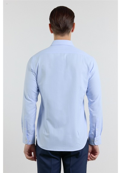 İmza Mavi Kendinden Desenli Sert Yaka Uzun Kol Cepsiz Slim Fit Pamuklu Gömlek 1004255283