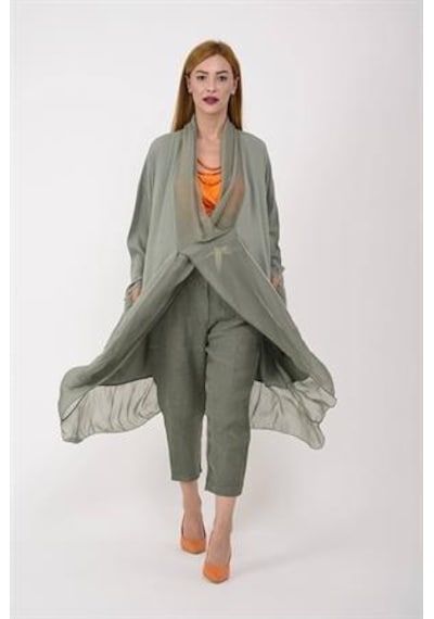 Bohem Stil Italyan Ipek Detaylı Oversize Kaftan & Bluz-8711 Açık Haki