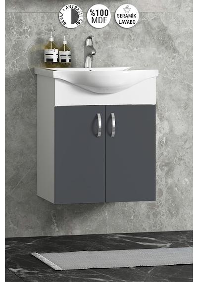 Yıldız 50 Cm Antrasit Gri Mdf Seramik Lavabolu Asma Alt Banyo Dolabı Beyaz-antrasit Gri Mat Yıldız 50 Cm Antrasit Gri Mdf Seramik Lavabolu Asma Alt Banyo Dolabı Beyaz-antrasit Gri Mat