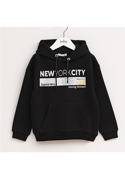 Wanex Erkek Çocuk Uzun Kol Kalın Kapüşonlu Sweatshirt - 16113 Siyah