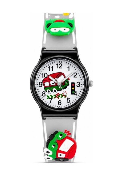 Erkek Çocuk Siyah Kasa Füme Silikon Kordon Araba Desenli Analog Kol Saati St-304443 Beyaz