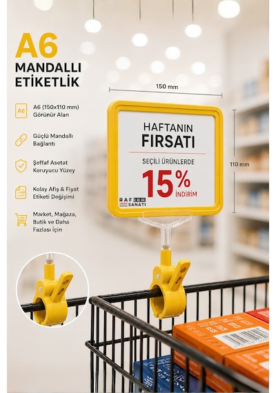 A6 Fiyatlık Mandallı Etiketlik Sepet Raf Askılık Fiyat Etiketi Çerçeveli Market Mağaza Sarı