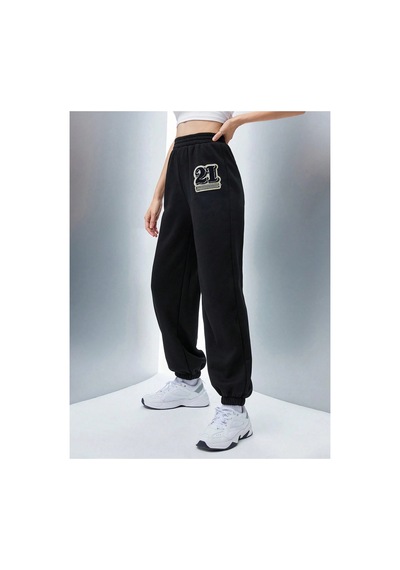 Tarzsokak Qutie Letter Graphic Elastic Waist 4 Mevsim Eşofman Siyah