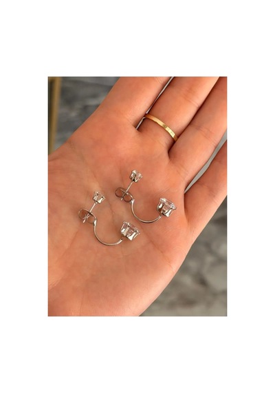 Tek Taş Model Silver Detaylı Tasarım Küpe Gümüş