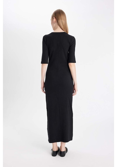 DeFacto 	Bodycon Vücuda Oturan Bisiklet Yaka Basic Düz Fitilli Kaşkorse Kısa Kollu Maxi Elbise D8623AX24AUBK81