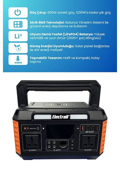 600w Akıllı Bms Lifepo4 Güneş Enerjili Taşınabilir Güç Depolama