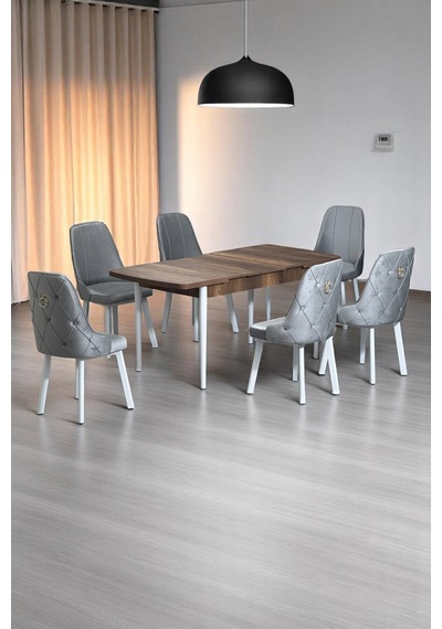 Minel Açılabilen Metal Ayak MDF Mutfak Masası Takımı 6 Gri Sandalye 80 x 132