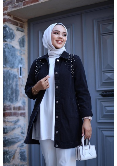 Harman Butik Kadın Kristal Taş Detaylı Denim Kot Ceket Siyah Siyah