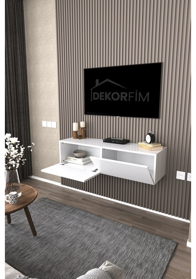 Df17101 Duvara Monte Tv Ünitesi Kapaklı Raflı Tv Sehpası Modern Duvar Raflı Tv Alt Ünitesi Beyaz
