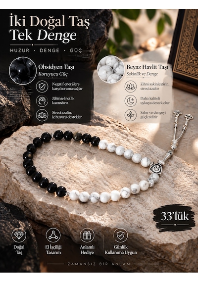 Beyaz Havlit Ve Obsidyen Taşlı 33'lü Tasarım Tesbih - Gümüş Püsküllü Beyaz - Siyah
