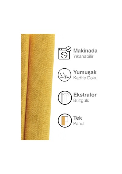 Kadife Dokulu Hint Sarısı Ada Fon Perde Ekstrafor Büzgülü Hint Sarısı Sarı