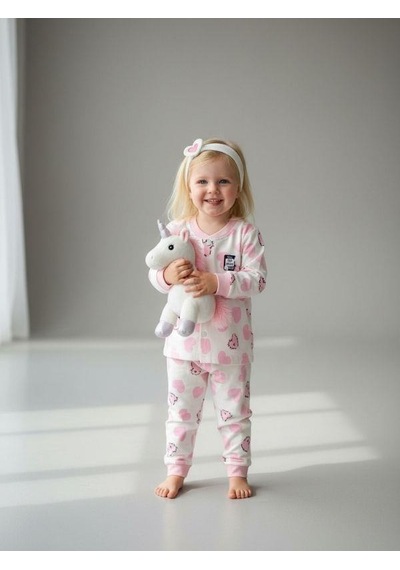 Zekids Kız Bebek Pamuklu Kalp Desenli Pijama Takımı-16850 Pembe
