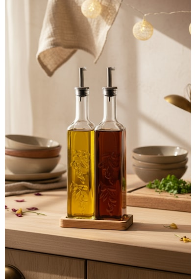 Snippy Safir - 2'li Ahşap Standlı Cam Zeytinyağı Sıvıyağ Şişesi Yağdanlık Damlatmaz Yağlık Sirkelik Soft 500ml Ahşap