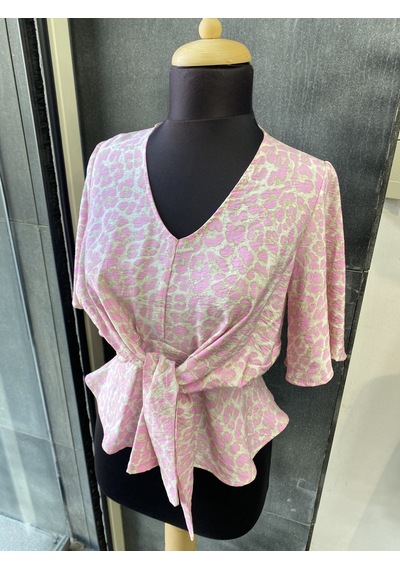 Pera Moda Leopar Desenli Önden Bağlamalı Beli Lastikli Crop Bluz Gömlek Pembe
