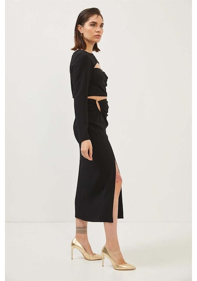 Fashion Cocktail Toka Aksesarlı Uzun Kol Crop Yırtmaçlı Beli Bağlama Midi Etek Takım Siyah Siyah Fashion Cocktail Toka Aksesarlı Uzun Kol Crop Yırtmaçlı Beli Bağlama Midi Etek Takım Siyah Siyah
