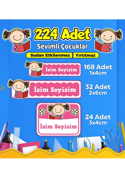 Sevimli Çocuklar Temalı Okul Kreş Kişiye Özel İsim Etiket Seti - Model 629 Çok Renkli