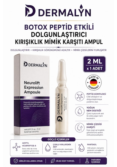 Dermalyn 1 Adet Peptid Etkili Dolgunlaştırıcı Kırışıklık Mimik Karşıtı Ampul Serum Dermaroller Dermapen