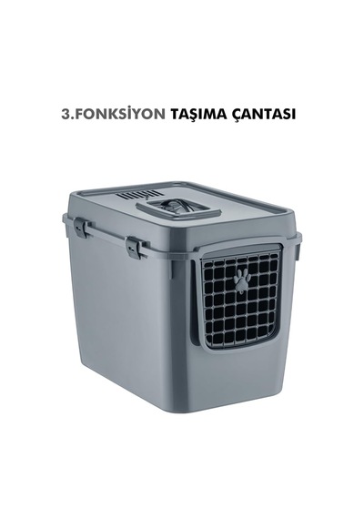Hz-500 Xxl 3 Fonksiyonlu Kedi Tuvaleti, Kapalı/açık Tuvalet Ve Taşıma Çantası, 56x40x43 Cm Gri