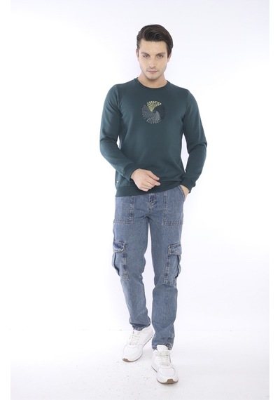 Escetic Erkek Spor Slimfit, Bisiklet Yaka Yeşil Sweatshirt-4266