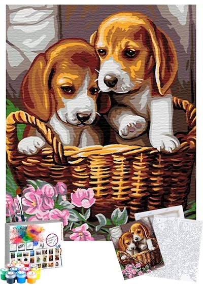 Sayılarla Boyama Seti 40 x 50 CM Tuval Şasesine Gerili Yavru Köpekler