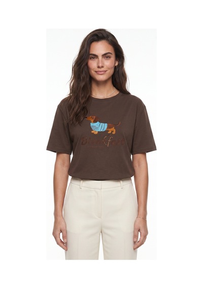 Onloox Kadın Kahverengi Kahverengi Pamuklu Bisiklet Yaka Oversize Nakış Ve Boncuk İşlemeli Kısa Kollu T-shirt