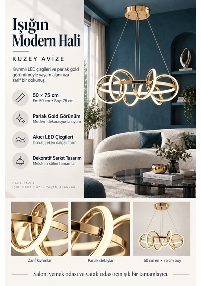 Kuzey Büyük Modern Ledli Avize 3 Renk Power Ledli Gold Kaplama Yatak Odası Salon Mutfak