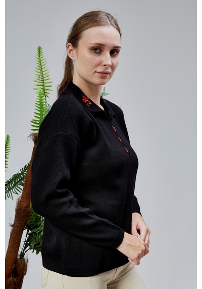 Kadın Polo Yaka Oversize Çiçek Nakışlı Triko Kazak Siyah Siyah