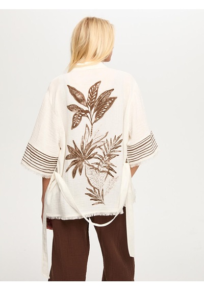 Faik Sönmez Resort Sırt Taş Ve Baskı Detaylı Müslin Kimono S26kmn006 Us26kmn00673 Ekru