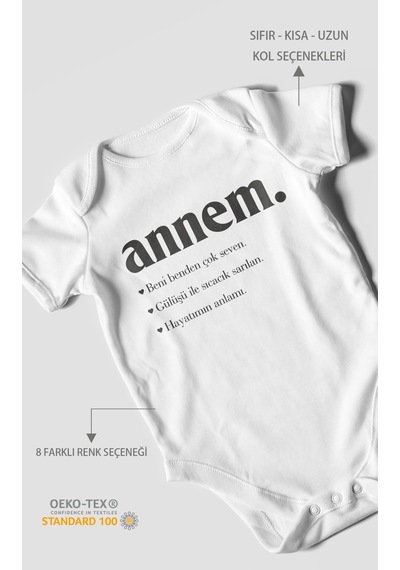 Annem Baskılı Bebek Zıbını Çıtçıtlı Body 8 Renk %100 Pamuk Kısa Kol Beyaz