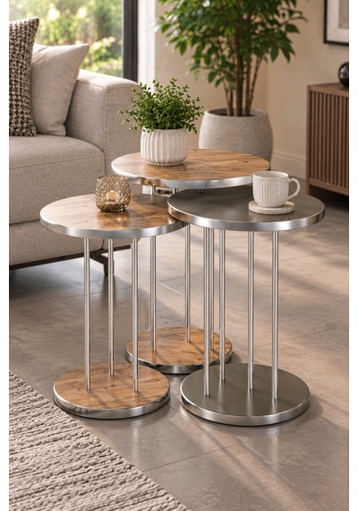 Sulorahome Ceviz Desenli Kahverengi 4'lü Sehpa Seti Gümüş Metal Ayaklı