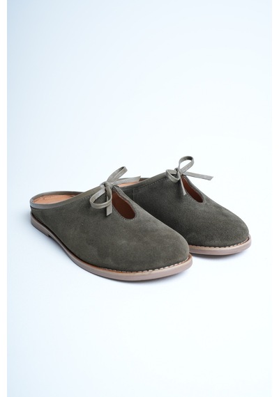 Analin Shoes Kadın Hakiki Deri Fiyonk Detaylı Düz Terlik Haki