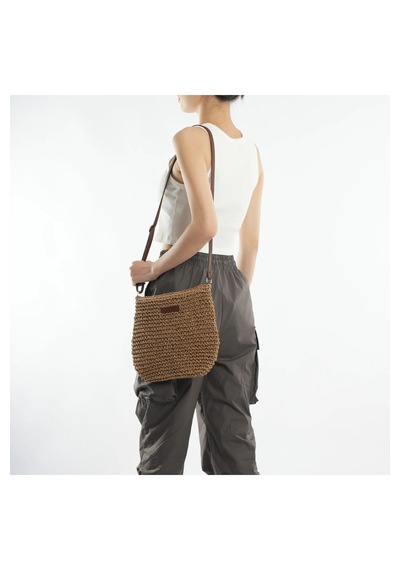 Portföy Clutch Fermuarlı Astırlı Cepli Ayarlanabilir Deri Askılı İthal Örgü Hasır Yazlık Tatil Çanta Camel