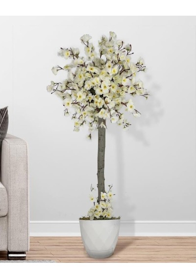 Yapay Ağaç Beyaz Bahar Dalı Japon Kiraz Çiçeği Beyaz Saksılı 90Cm