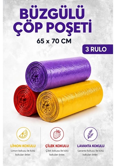 Büzgülü Çöp Poşeti Çilek Limon Lavanta Kokulu 65 70 Cm Büyük Boy 3 Rulo Çöp Torbası
