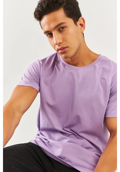 Erkek Oversize Rahat %100 Pamuklu Penye Bisiklet Yaka Kısa Kol Basic T-shirt Lila