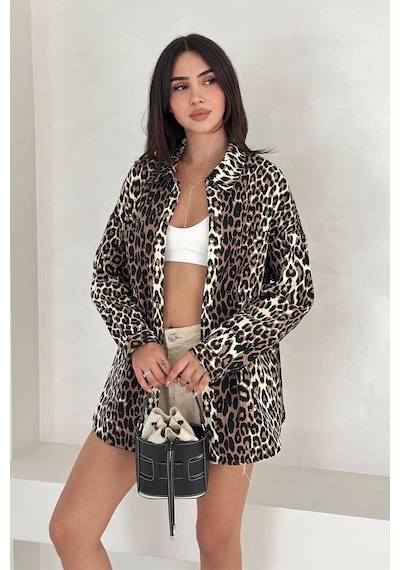 Asprin Fashion Leopar Desen Gabardin Gömlek Leopar