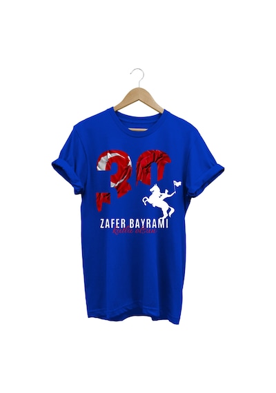 Atatürk 30 Ağustos Zafer Bayramı Bayrak Baskılı %100 Pamuk Regular Fit Mavi T-shirt Saks Mavi