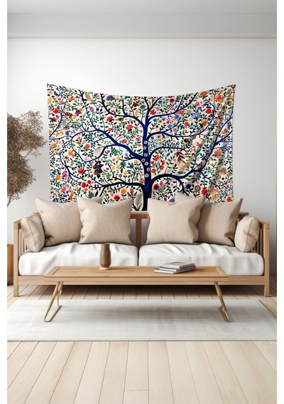 Beyaz Çiçekli Ağaç Desenli Duvar Halısı Duvar Örtüsü Tapestry Süet Dokulu Kumaş