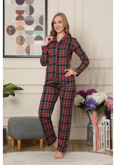 Farya Home Dreamy Ekoseli Pamuklu Biyeli Uzun Kollu Gömlek Pijama Takımı Siyah Kırmızı Siyah - Bordo
