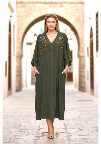 Veraura Lifestyle Haki V Yaka Önü Nota Nakışlı Cepli Oversize Uzun Gömlek Elbise