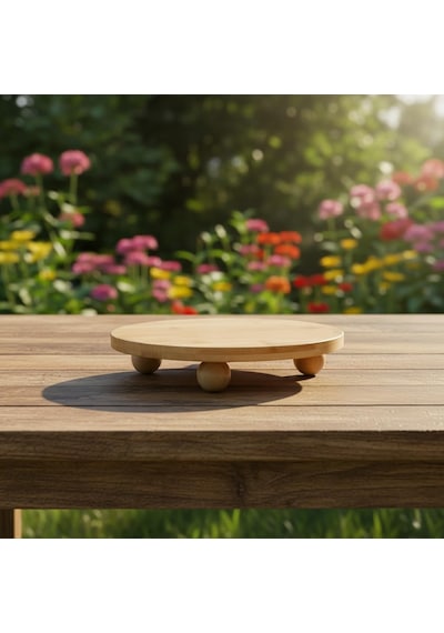 Bambu Top Ayaklı Yuvarlak Sunumluk 25cm Çap Seçenekli Doğal Ahşap Servis Tabağı Peynir, Mez Naturel
